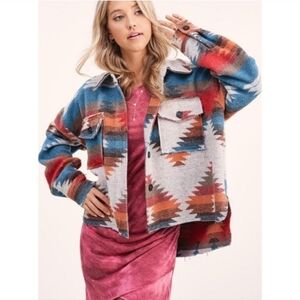 Western Aztec Design Rodeo Festival Cowgirl Oversized Button Raw Hem Jacket Med.